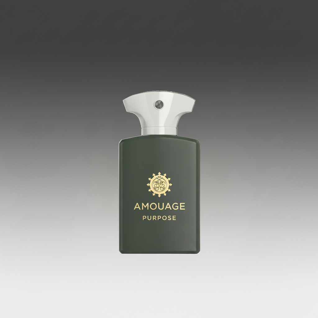 Amouage Purpose perfume bottle on a gradient background